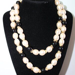 Vintage Costume Estate Necklace Faux Pearls Black Lucite Matte Gold Tone Spacers